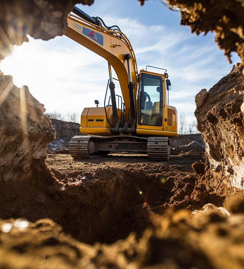 Une photo qui montre une excavatrice jaune en train de creuser un trou dans le sol d’un chantier de construction